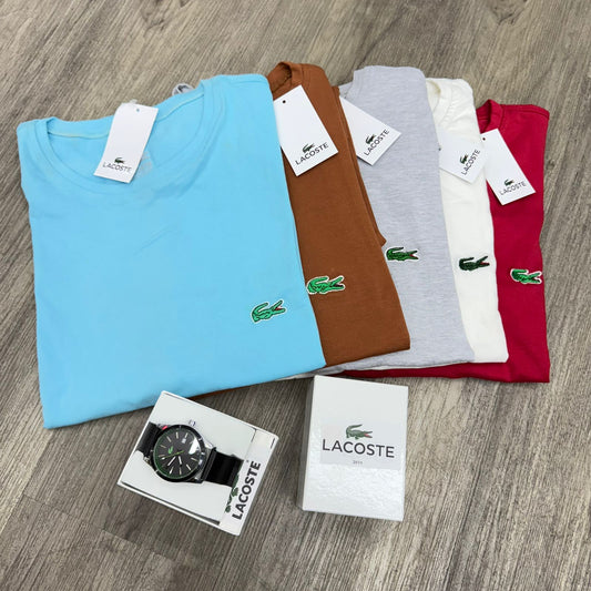 🏷️ Lacoste Premium Pack – 5x Camisetas + Reloj de Obsequio