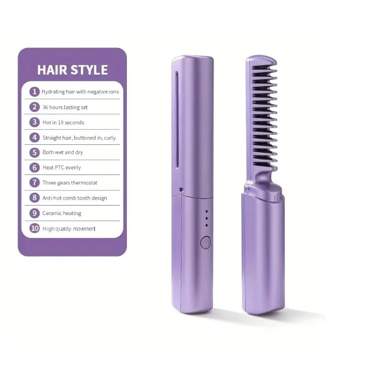 Cabello liso y sin frizz en minutos — Peine alisador recargable, donde quieras y cuando quieras